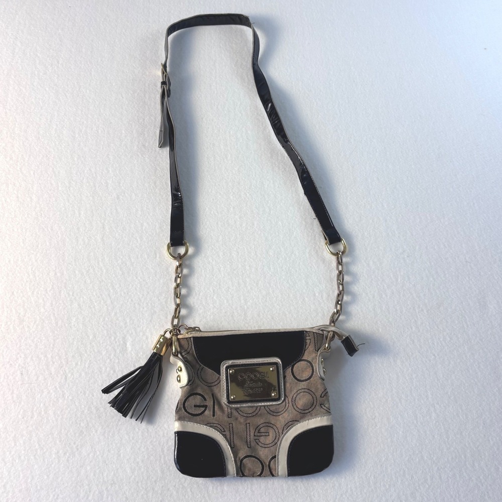 Coogi Australia Vintage‎ Monogram Crossbody Bag Purse Gold Black Leather Tassel